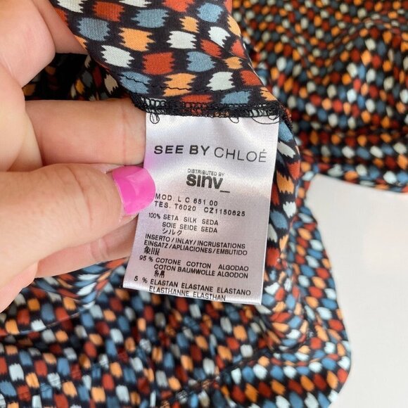 See By Chloe Womens 100% Silk Geometric Blouse Multicolor 6 3/4 Sleeve Pleated - Picture 5 of 7